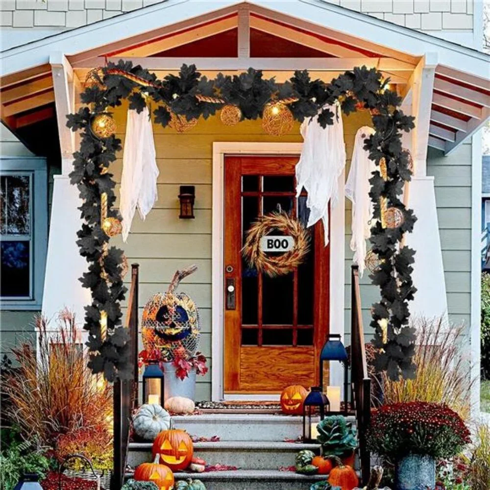 Black Maple Leaf Garland, 2PCS Halloween Artificial Hanging Fall Leave Vines